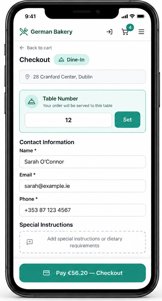 Checkout on a phone with the table number already set to 12